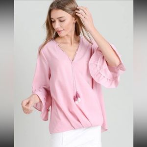DOE & RAE SURPLICE RUFFLE TASSEL TIE BLOUSE